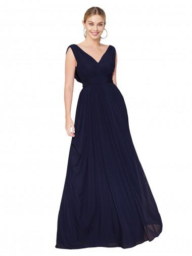 Draped Long V-Neck Floor Length Chiffon Bridesmaid Dress / Formal Prom Dress for Sale