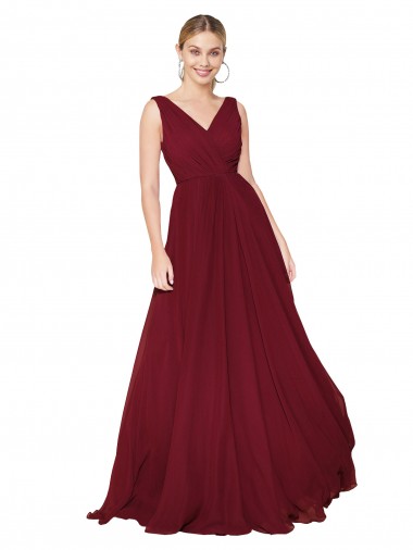 Draped A-Line V-Neck Floor Length Chiffon Bridesmaid Dress / Formal Prom Dress for Sale