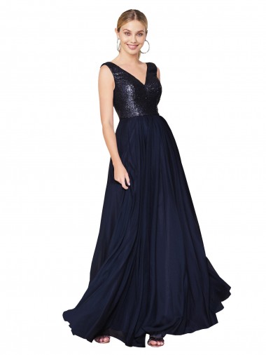 High Neck V-Neck Long Chiffon Bridesmaid Dress / Prom Dress with Sequin Top for Sale