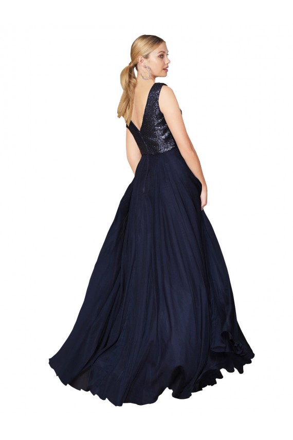 High Neck V-Neck Long Chiffon Bridesmaid Dress / Prom Dress with Sequin Top for Sale
