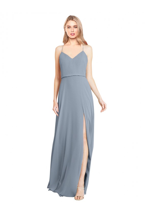Spaghetti Straps V-Neckline Long Chiffon Bridesmaid Dress with High Slit for Sale