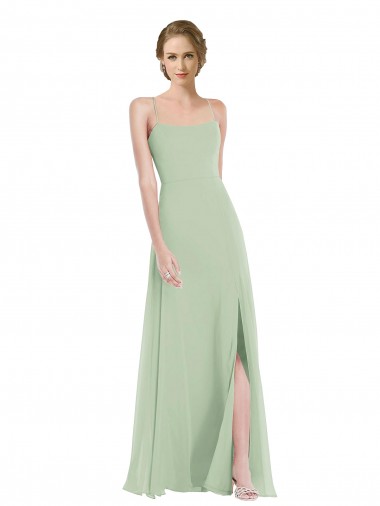 Scoop Neck Tie Strap Maxi Bridesmaid Dress with Front Slit for Sale