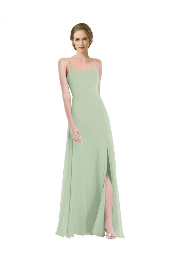 Scoop Neck Tie Strap Maxi Bridesmaid Dress with Front Slit for Sale