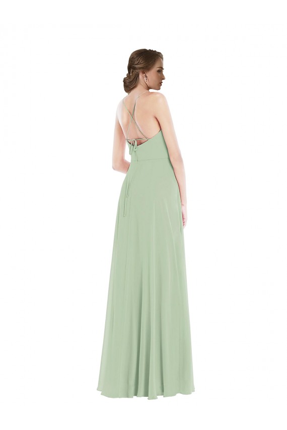Scoop Neck Tie Strap Maxi Bridesmaid Dress with Front Slit for Sale