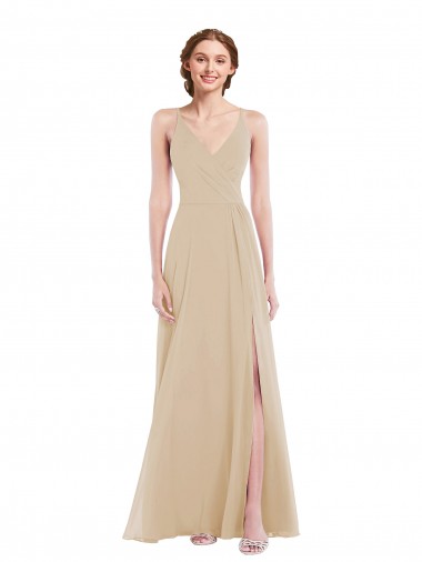 Faux Wrap Criss Cross Back Maxi Bridesmaid Dress with Front Slit for Sale