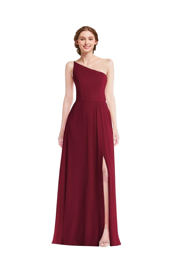 One Shoulder Chiffon Maxi Bridesmaid Dress with Shirred Front Slit for Sale