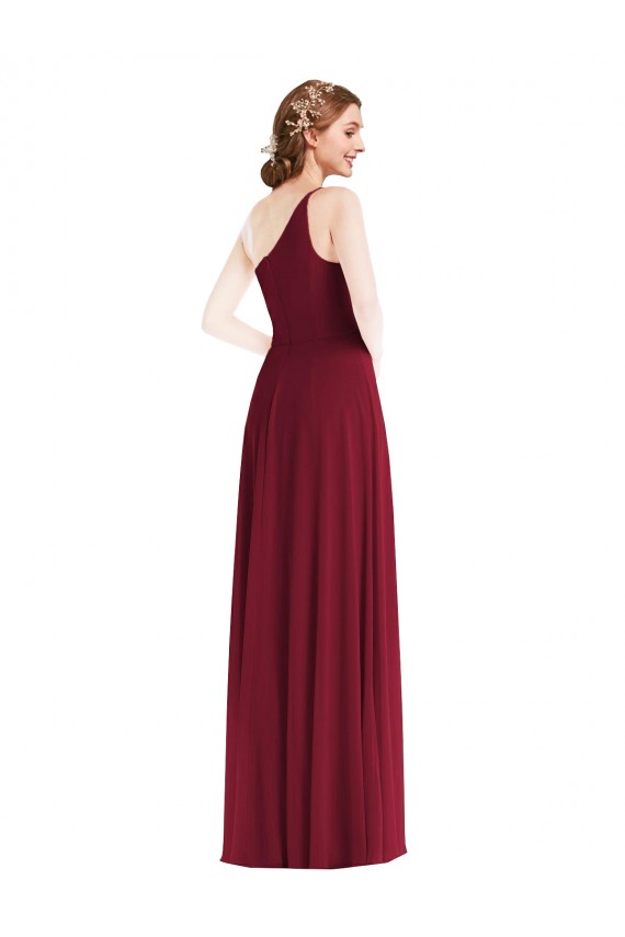 One Shoulder Chiffon Maxi Bridesmaid Dress with Shirred Front Slit for Sale