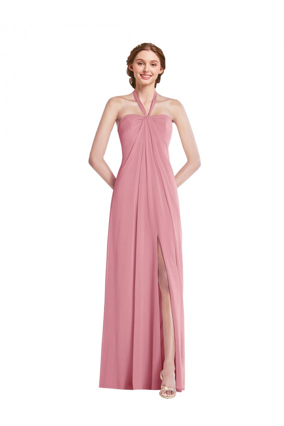 Draped Chiffon Grecian Column Bridesmaid Dress with Front Slit for Sale