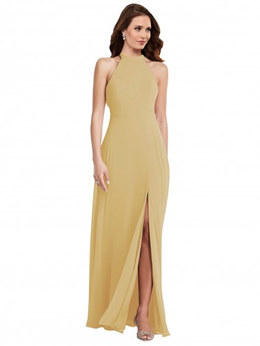 Stand Collar Halter Maxi Bridesmaid Dress with Criss Cross Open Back for Sale