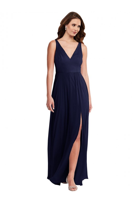 Deep V-Neck Chiffon Maxi Bridesmaid Dress with Front Slit for Sale