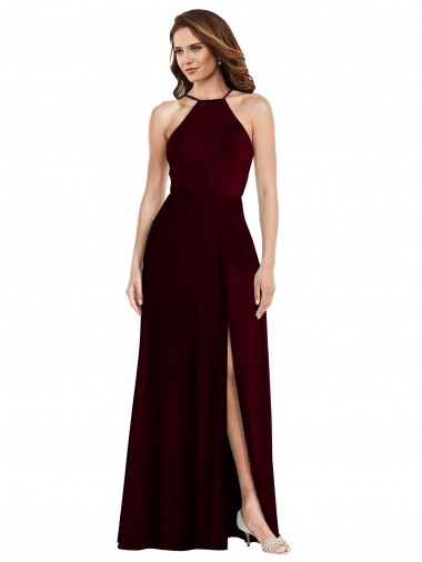 Halter Spaghetti Straps Maxi Bridesmaid Dress with Front Slit for Sale