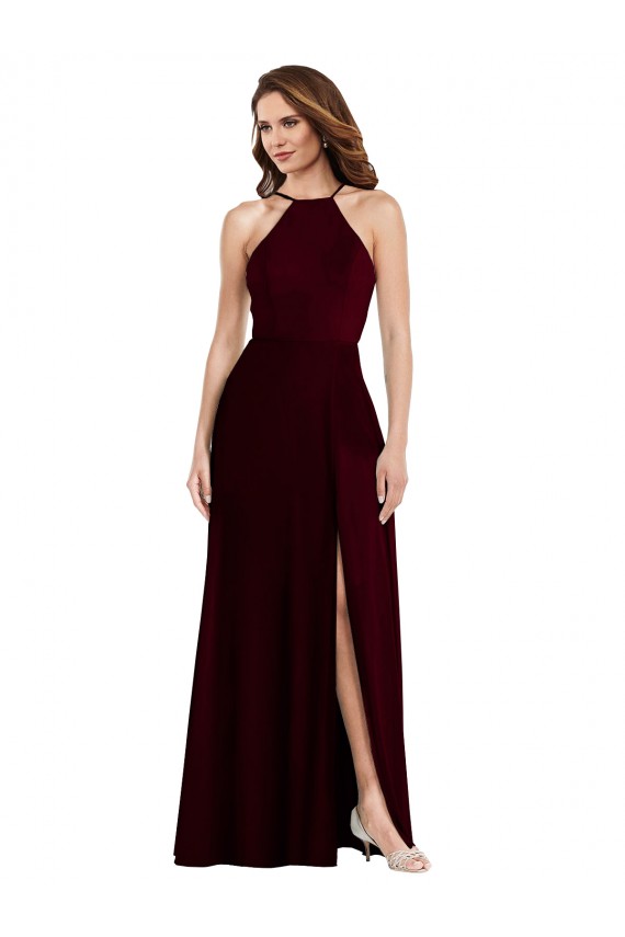 Halter Spaghetti Straps Maxi Bridesmaid Dress with Front Slit for Sale