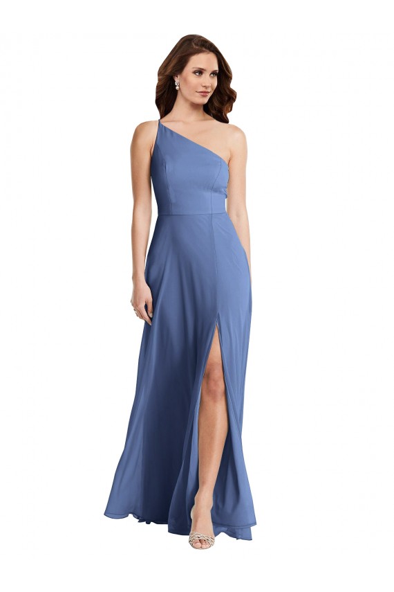 One Shoulder Full Length Maxi Formal Bridesmaid Dress with Flirty Slit for Sale