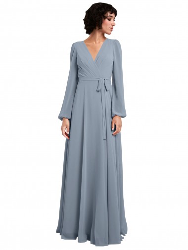 Wrap Style Long Sleeves Chiffon Bridesmaid Dress with Pleated Bodice for Sale