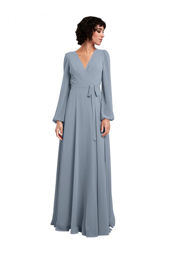 Wrap Style Long Sleeves Chiffon Bridesmaid Dress with Pleated Bodice for Sale