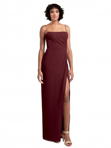 Sleek Straight Neckline Chiffon Bridesmaid Dress with Spaghetti Straps and High Side Slit for Sale