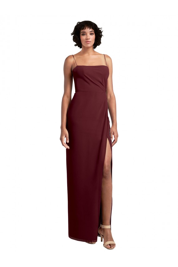Sleek Straight Neckline Chiffon Bridesmaid Dress with Spaghetti Straps and High Side Slit for Sale
