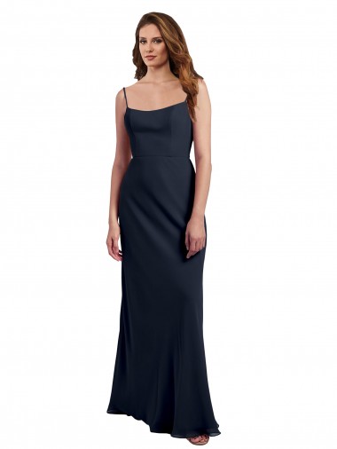 Scoop Neck Long Chiffon Open Back Bridesmaid Dress with Spaghetti Straps for Sale