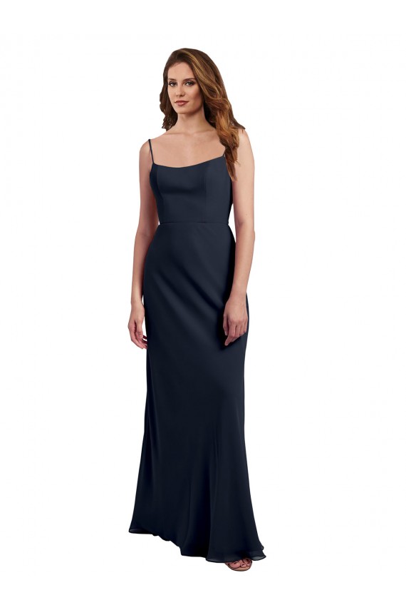 Scoop Neck Long Chiffon Open Back Bridesmaid Dress with Spaghetti Straps for Sale