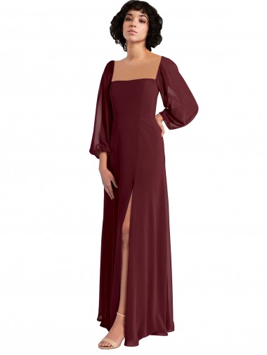 Sheer Long Sleeves Chiffon Bridesmaid Dress with High Slit for Sale