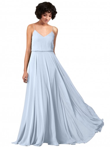 V-Neck Blouson Waist Long Chiffon Bridesmaid Dress with Straps for Sale