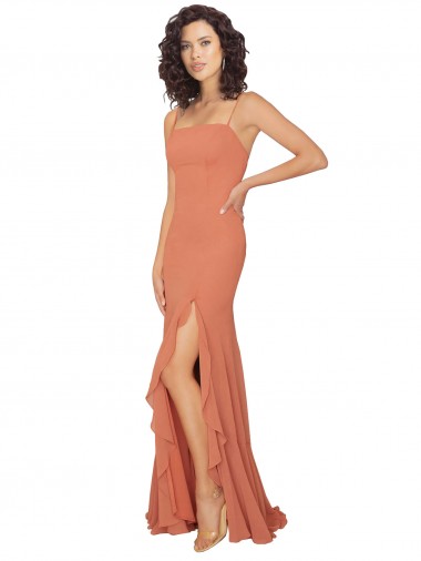 Chiffon Square Neck Bridesmaid Dress with Ruffled Skirt Slit for Sale