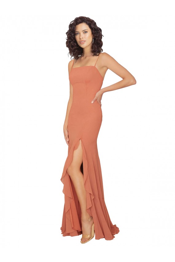 Chiffon Square Neck Bridesmaid Dress with Ruffled Skirt Slit for Sale