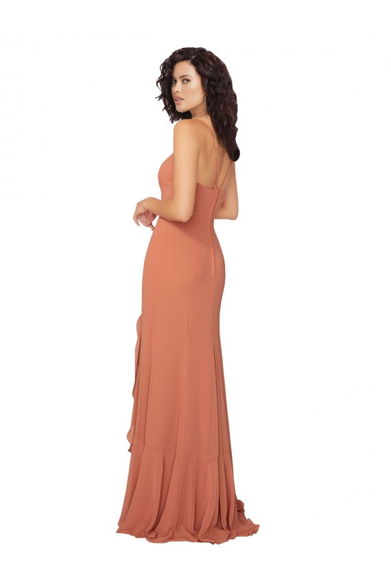 Chiffon Square Neck Bridesmaid Dress with Ruffled Skirt Slit for Sale