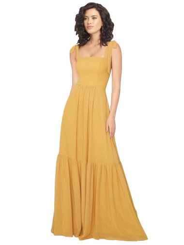 Tied Strap Square Neck Long Chiffon Bridesmaid Dress for Sale