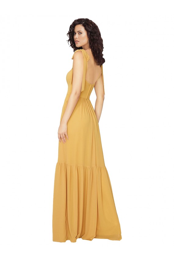 Tied Strap Square Neck Long Chiffon Bridesmaid Dress for Sale