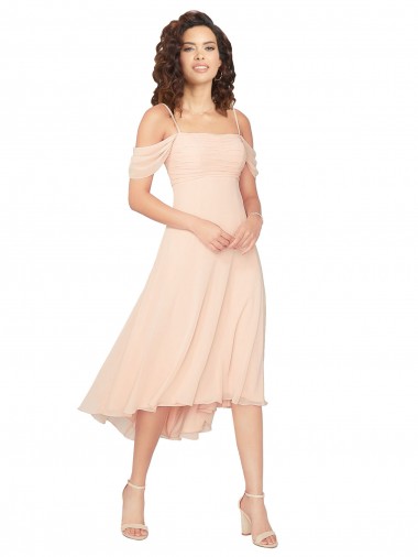 Cold Shoulder Midi Length Short Chiffon Bridesmaid Dress for Sale