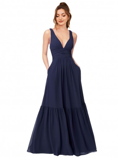 Floor Length Deep V-Neck Ruched Chiffon Long Bridesmaid Dress for Sale