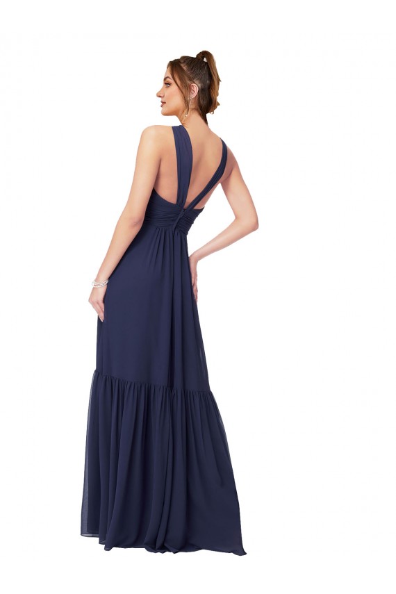Floor Length Deep V-Neck Ruched Chiffon Long Bridesmaid Dress for Sale