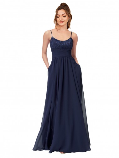Long Chantilly Lace and Ruched Chiffon Bridesmaid Dress with Pockets for Sale