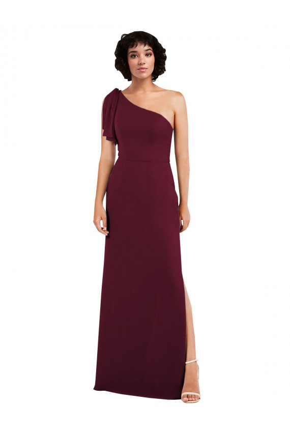 One Shoulder Chiffon Formal Bridesmaid Dress with Skirt Slit and Accent Strap for Sale
