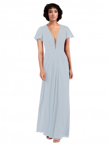 Deep V-Neckline Chiffon Bridesmaid Dress with Flutter Sleeves for Sale