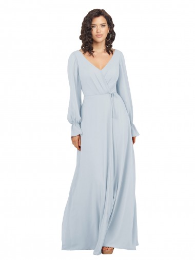 Long Sleeve Chiffon Bridesmaid Dress with Bow Detail for Sale