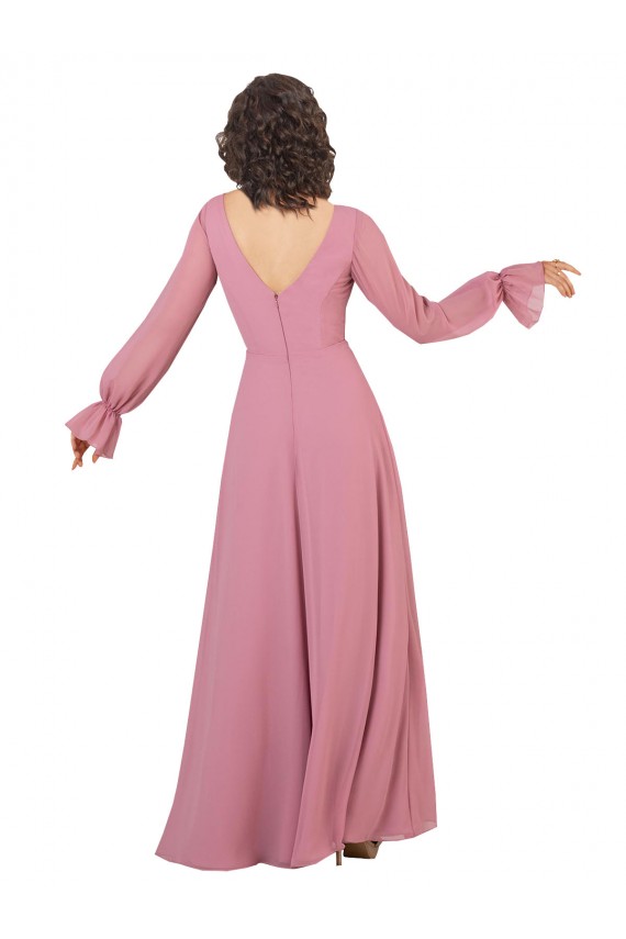 Long Sleeve Chiffon Bridesmaid Dress with Bow Detail for Sale