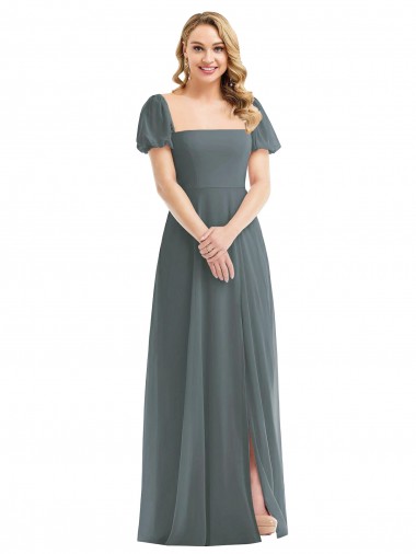 Puff Sleeves Chiffon Maxi Bridesmaid Dress with Front Slit for Sale