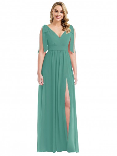 Plunge Neckline Bow Shoulder Chiffon Maxi Bridesmaid Dress for Sale