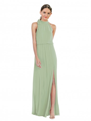 High Neck Scarf Tie Blouson Bodice Maxi Bridesmaid Dress with Front Slit for Sale
