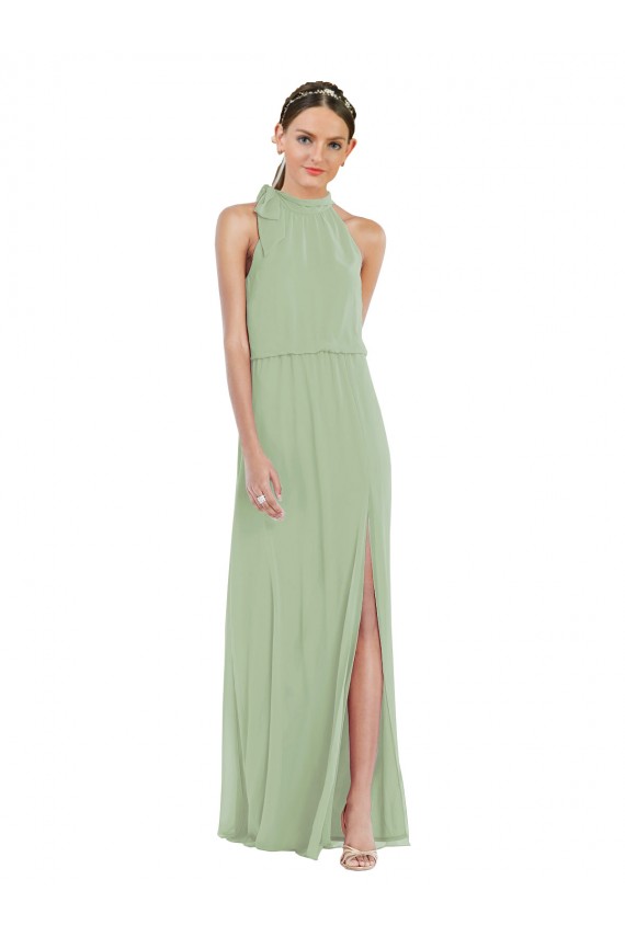 High Neck Scarf Tie Blouson Bodice Maxi Bridesmaid Dress with Front Slit for Sale