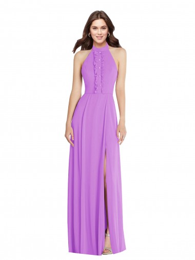 Halter Backless Maxi Formal Bridesmaid Dress with Button Ruffle Placket for Sale