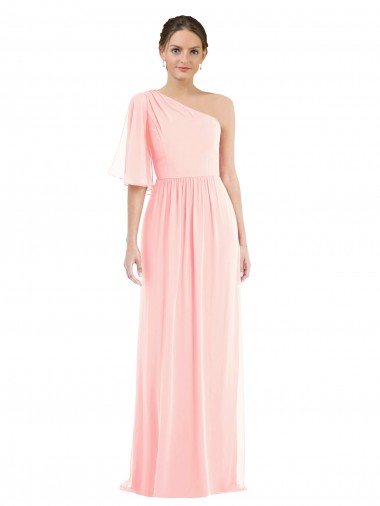 One Shoulder Bell Sleeves Chiffon Maxi Bridesmaid Dress for Sale