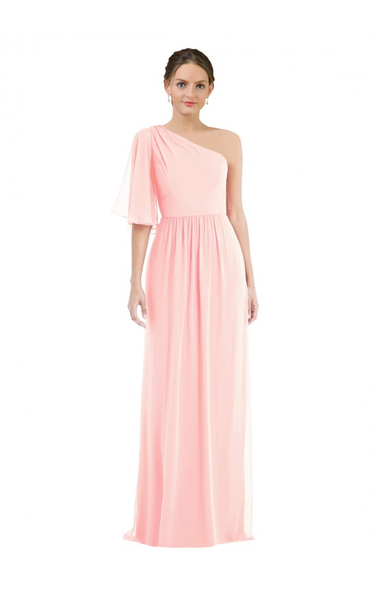 One Shoulder Bell Sleeves Chiffon Maxi Bridesmaid Dress for Sale