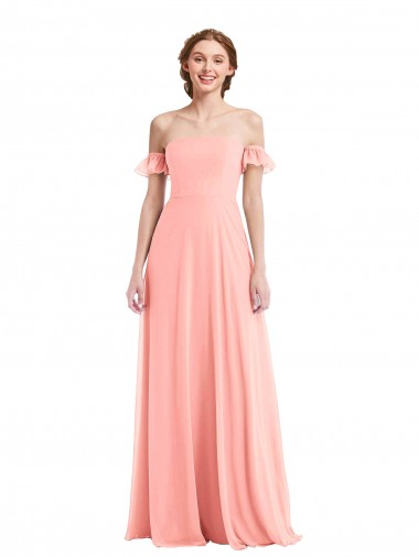Off the Shoulder Ruffle Cuff Sleeve Chiffon Maxi Bridesmaid Dress for Sale