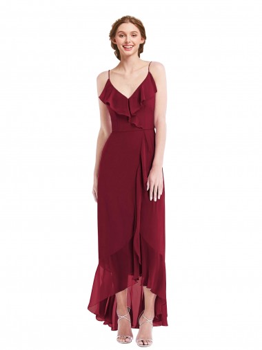Ruffle Trimmed V-Neck High Low Wrap Chiffon Bridesmaid Dress for Sale