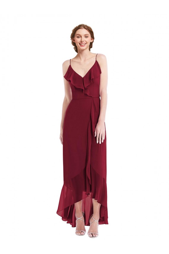 Ruffle Trimmed V-Neck High Low Wrap Chiffon Bridesmaid Dress for Sale