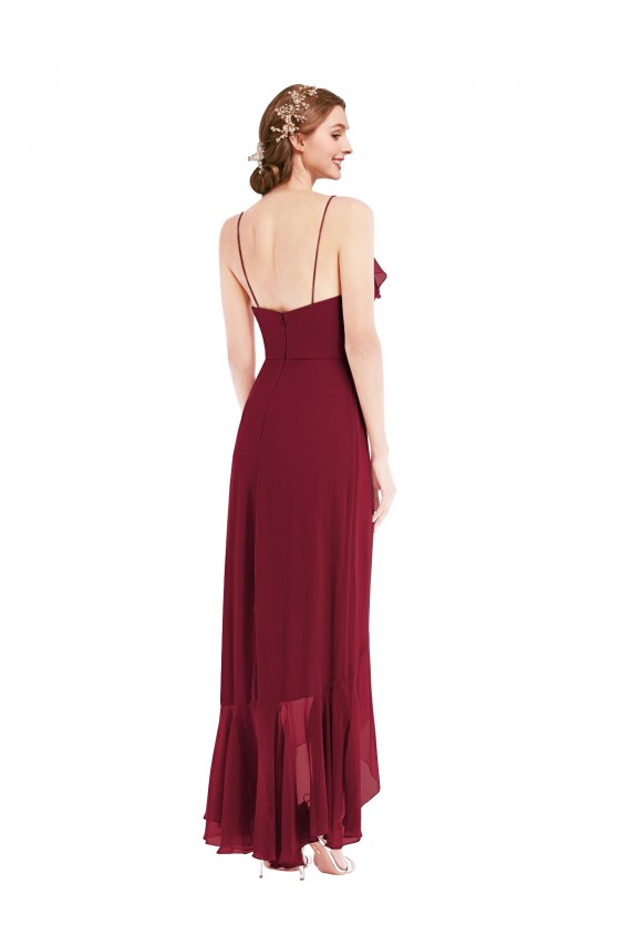 Ruffle Trimmed V-Neck High Low Wrap Chiffon Bridesmaid Dress for Sale