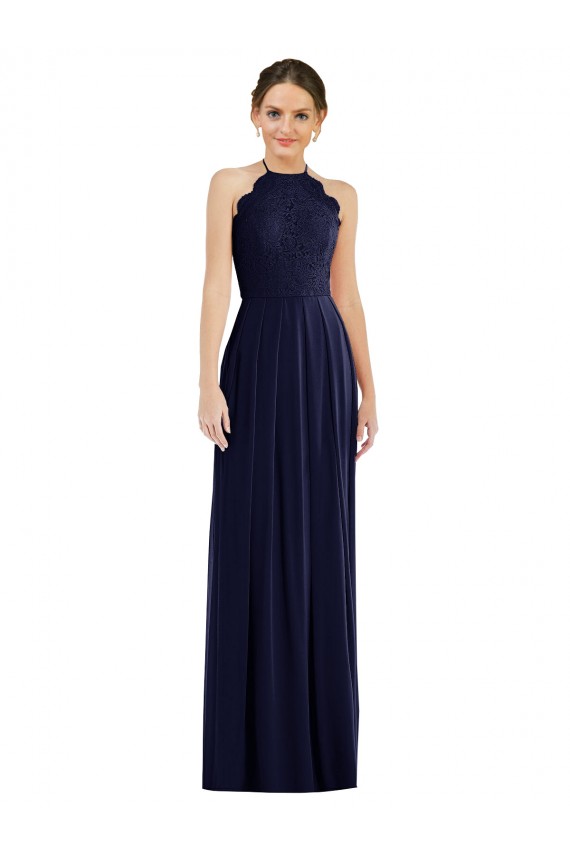 Tie Neck Lace Halter Pleated Skirt Maxi Bridesmaid Dress for Sale